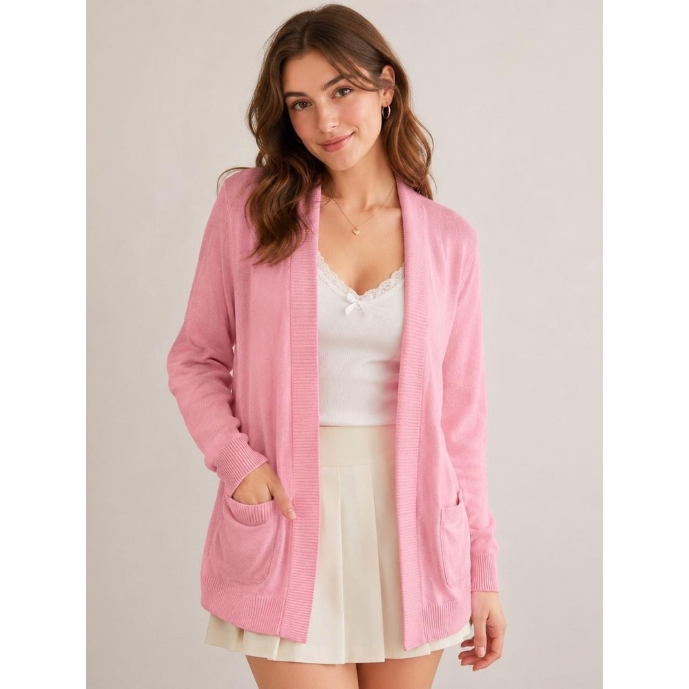 Pink Cardigan Soft Girl Coquette Knit Open Front Pockets Y2k Country Club Medium
